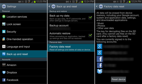 perform factory reset on android