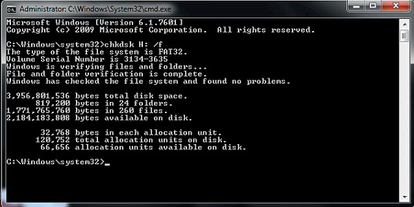 use chkdsk command to fix corrupted sd card