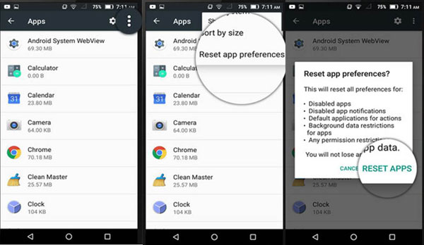 reset applications on android