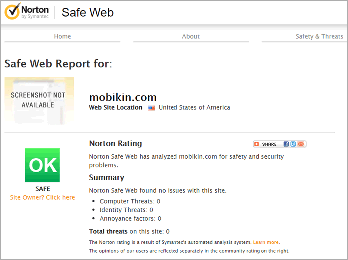 website test report from norton