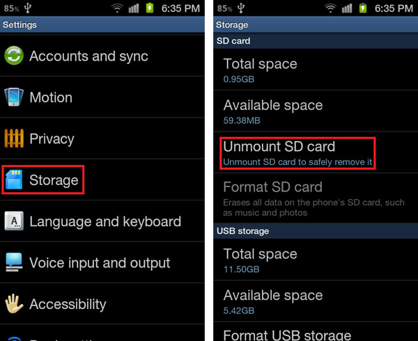 unmount sd card on android