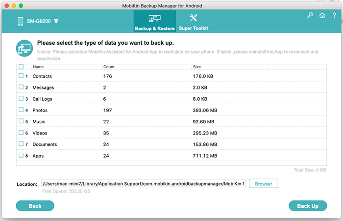 choose data types for backup