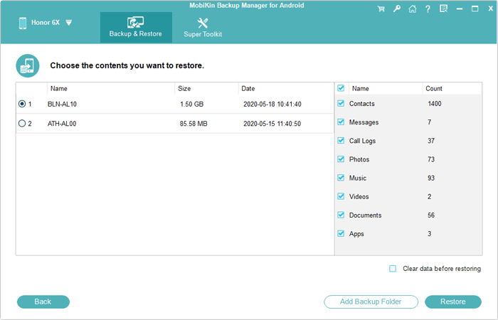 select backup files to restore