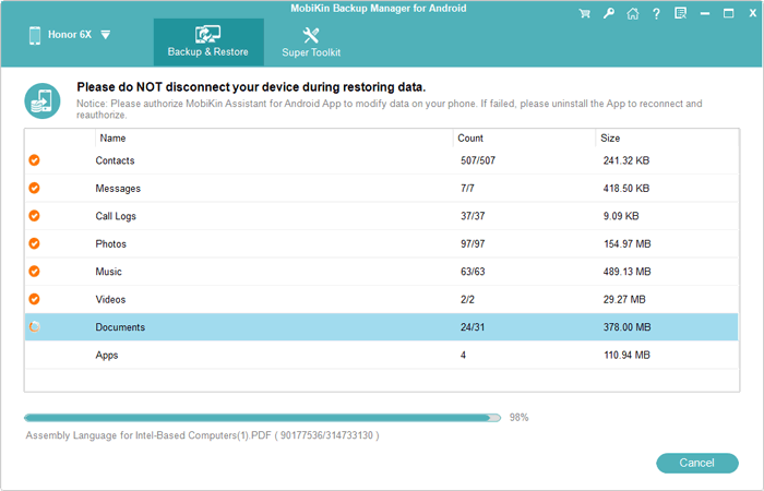 start to restore data to your device