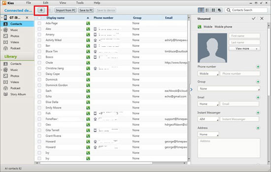 add contacts to samsung via kies