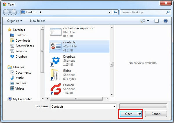 choose the vcard file