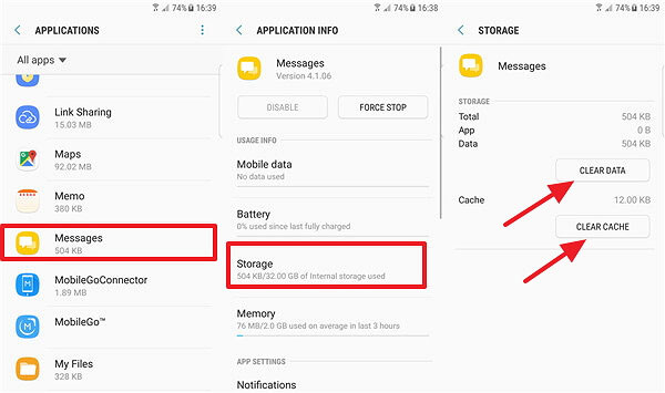 clear caches and data of messages app