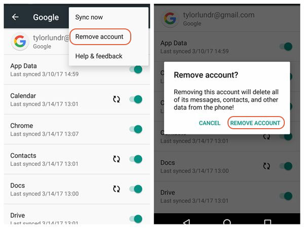 remove google account from galaxy without password from settings