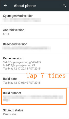 tap build number for 7 times