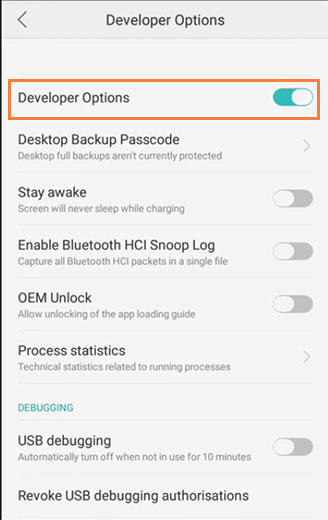 turn on developer options
