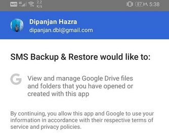 grant permissions for sms backup restore