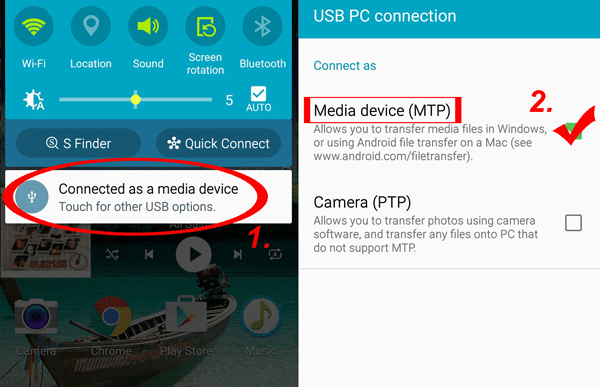 choose mtp mode on android phone