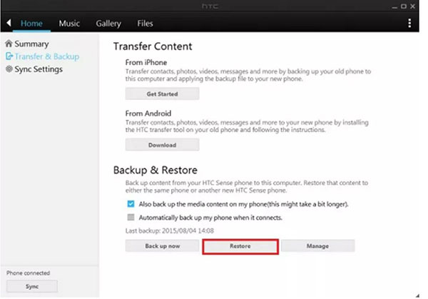 restore htc via htc sync manager