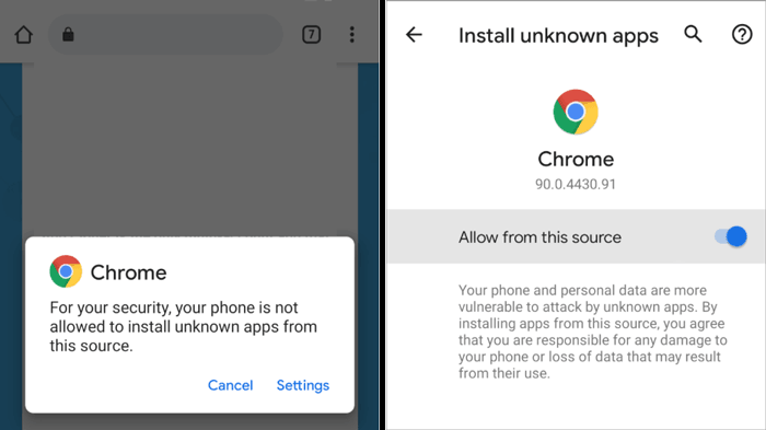 allow installing unknown apps quickly