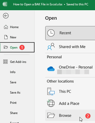 how to open bak file with microsoft excel