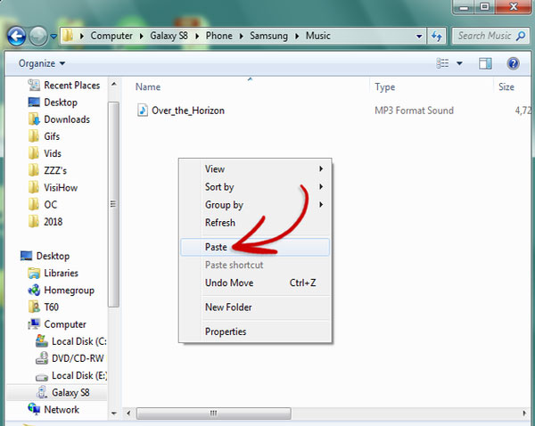 transfer music from computer to samsung s9 via file explorer