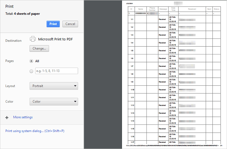 start to print out sms from samsung