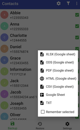 export android contacts as html file with save contacts