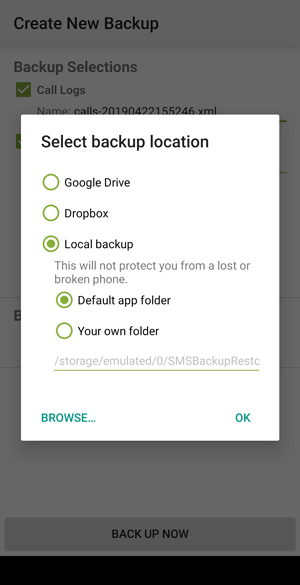 select backup location