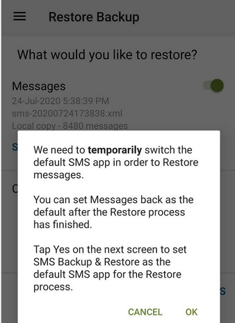 make sms backup restore default sms app