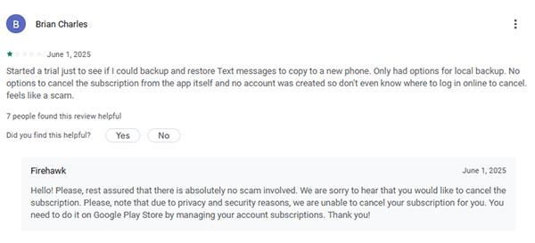 negative user review of sms backup and restore