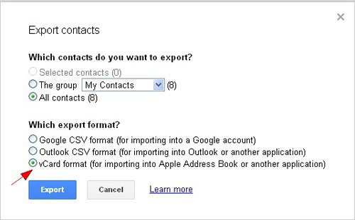 export gmail contacts to vcf file