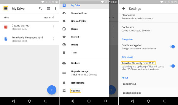 backup files with google drive via wifi