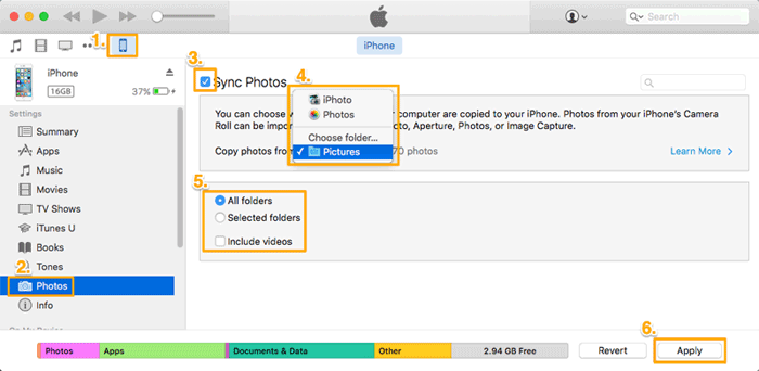 how to get pictures from computer to phone via itunes