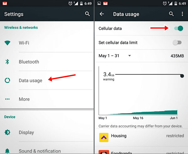 enable cellular data network