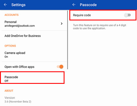 switch on passcode feature on onedrive