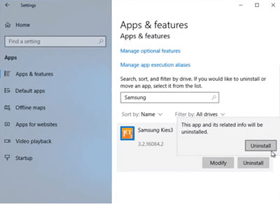 uninstall samsung kies on windows 10
