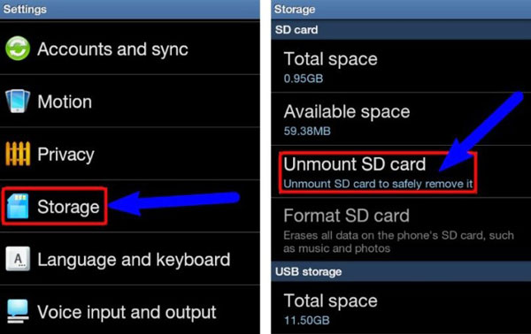 unmount sd card to fix gallery not working