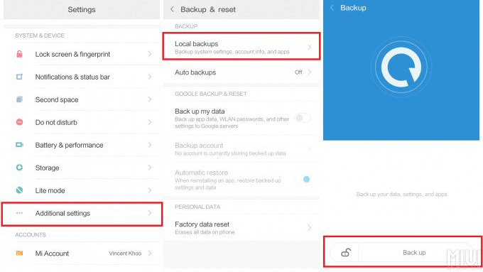 how do i backup my xiaomi to my computer via local backup feature