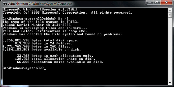 use chkdsk command to fix corrupted sd card