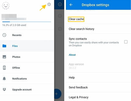 clear caches of dropbox