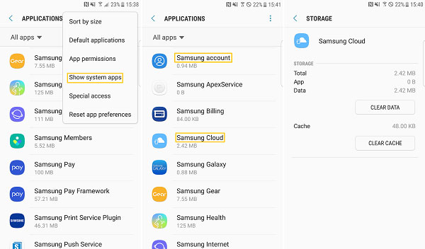 clear data and cache on samsung account