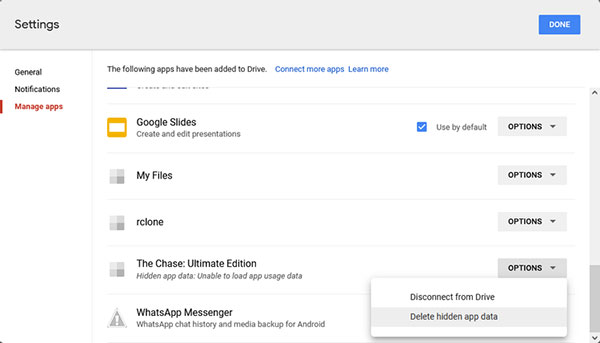 delete app data from google drive