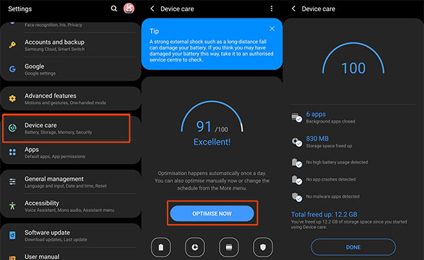 optimize deivice performance to fix samsung touch screen not working