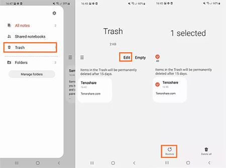 how to empty trash on samsung notes