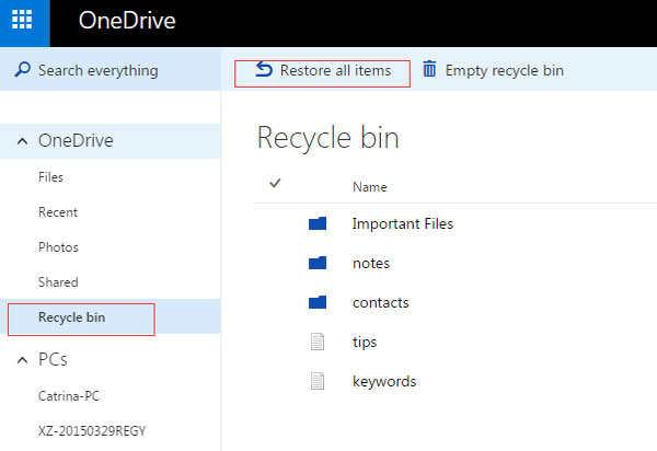 restore all items on onedrive