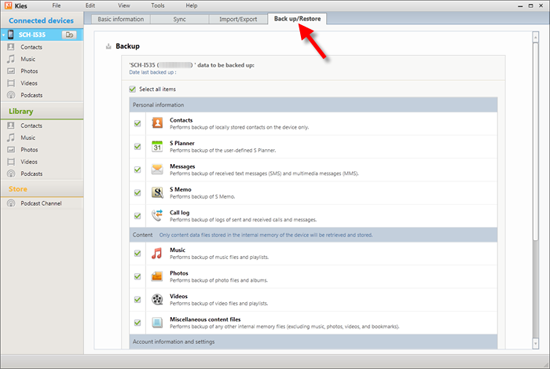 backup samsung with kies