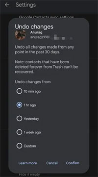 how to restore from google contacts backup