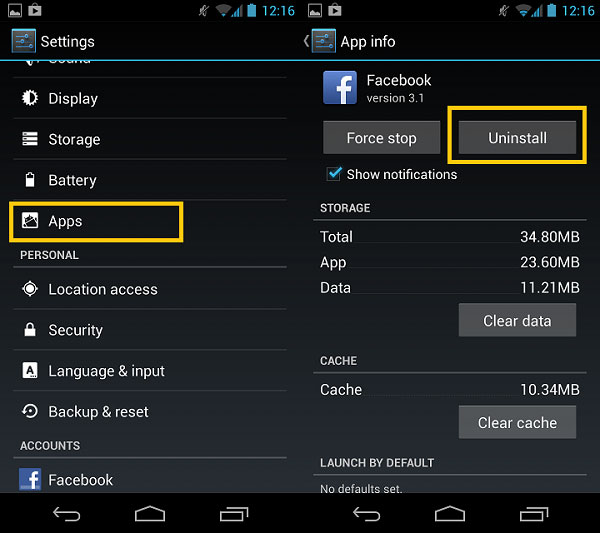 remove facebook from android