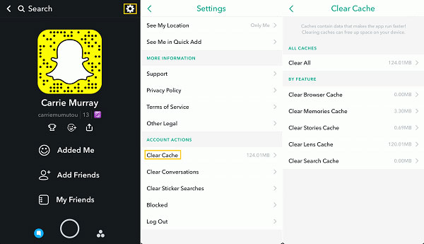 clear snapchat caches