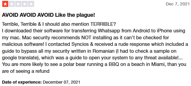 syncios whatsapp transfer negative user review