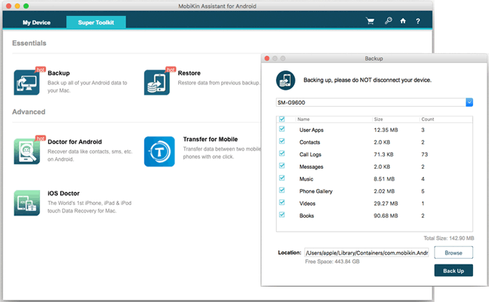 check the file types and start to backup htc phone