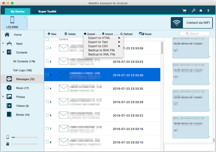 export text messages from android to mac