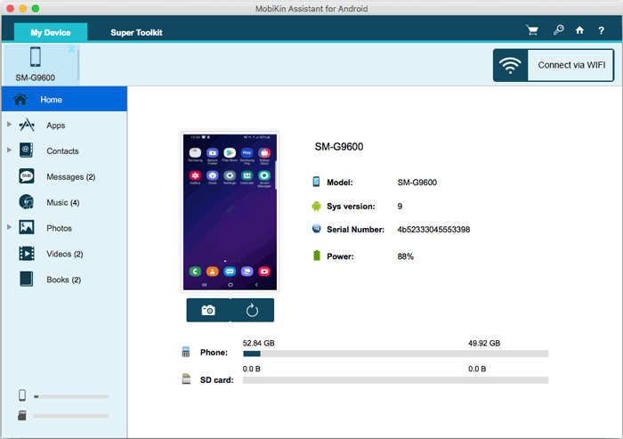 the main interface of mobikin assistant for android