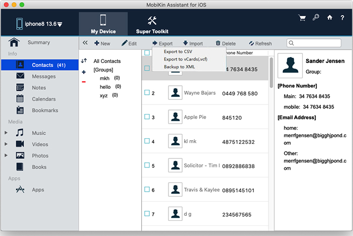 sync contacts from iphone to mac with mobikin assistant for ios