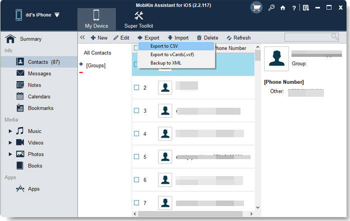 select contacts for exporting from iphone to vcf